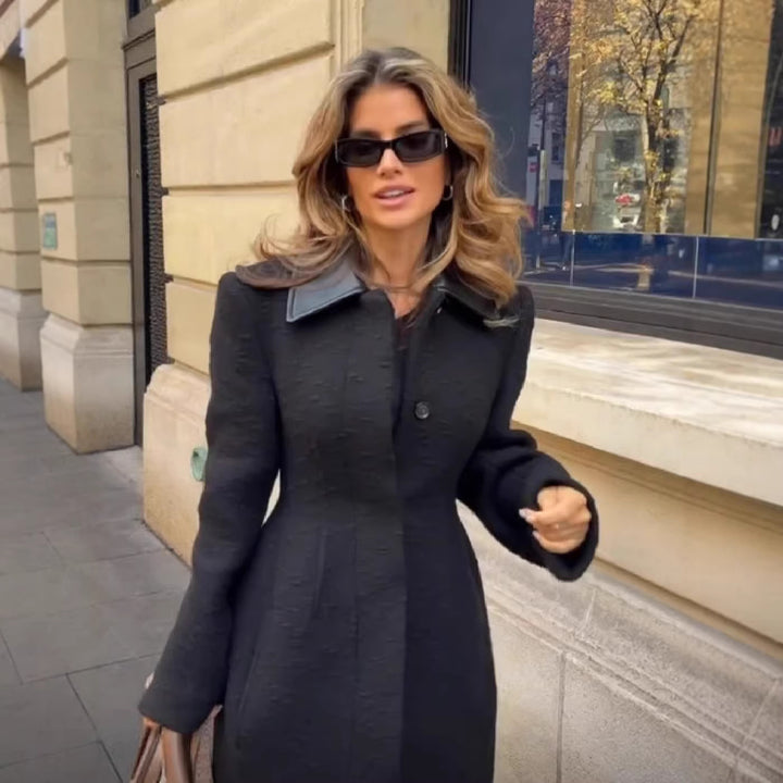 Women Tailored Maxi Long Wool Blend Coat with Leather Collar and Full Button Placket Mune Fashion
