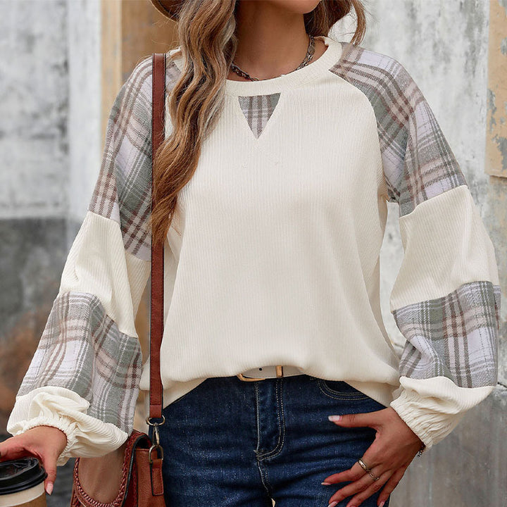 Women Oversize Long Sleeve with Checked Chiffon Raglan Sleeves and Gathered Cuffs Mune Fashion