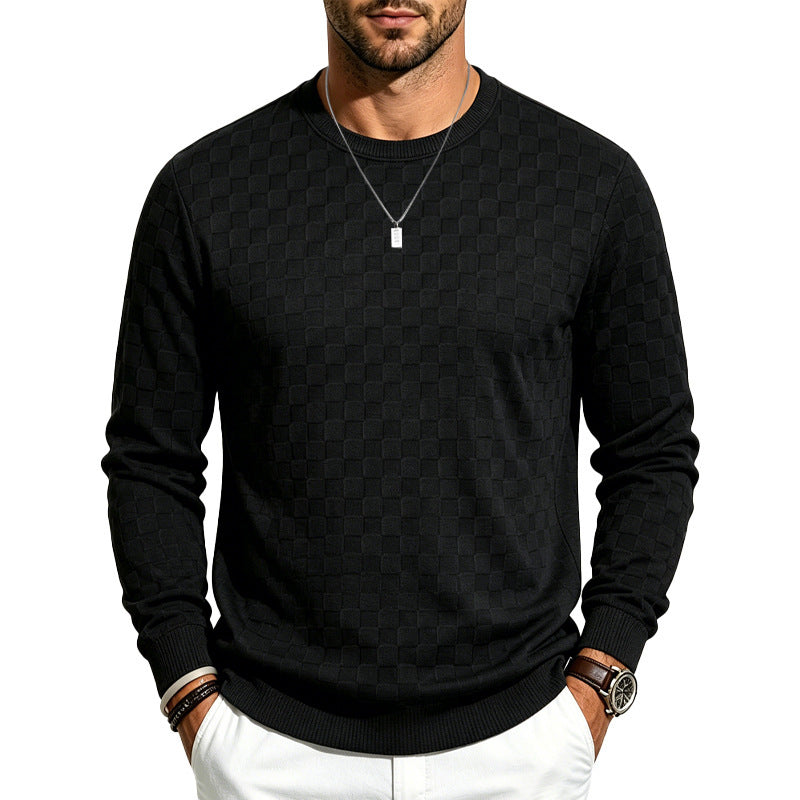 Men's Plaid Fine Knit Crew Neck Sweater with Subtle Check Structure Mune Fashion