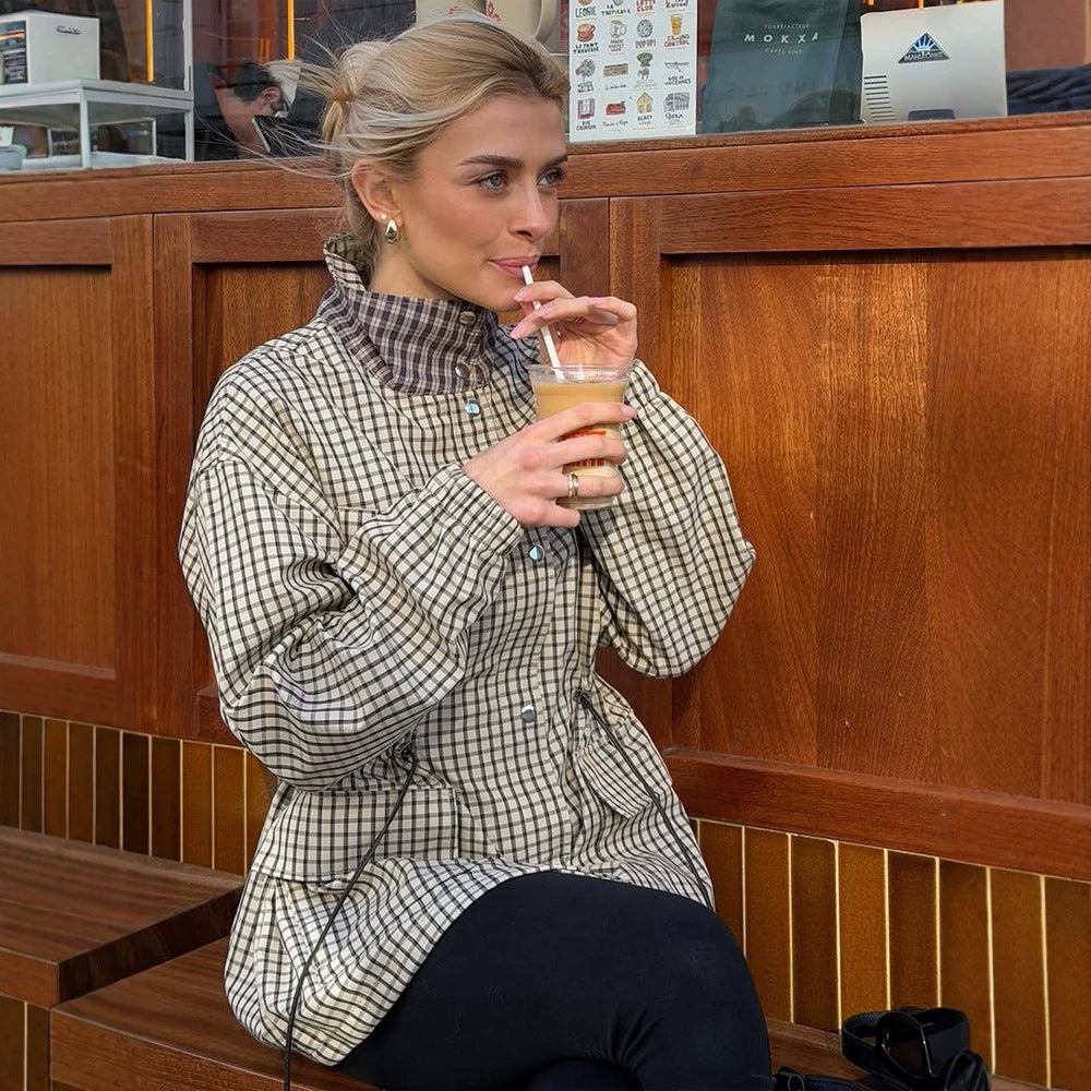 Women Checkered Waist Parka with Stand-up Collar, Drawstring, and Flap Pockets Mune Fashion