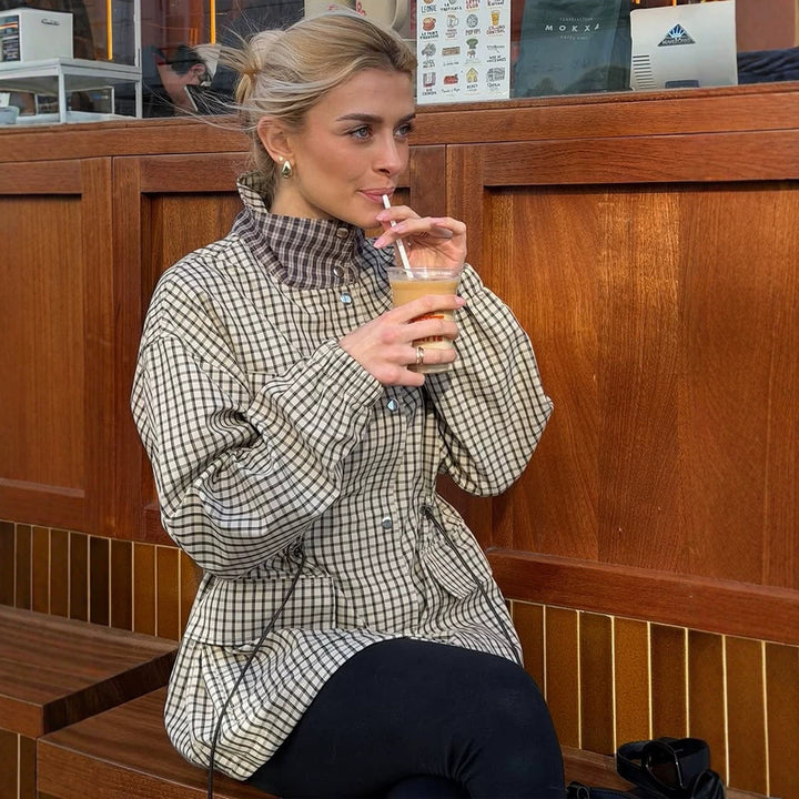 Women Checkered Waist Parka with Stand-up Collar, Drawstring, and Flap Pockets Mune Fashion