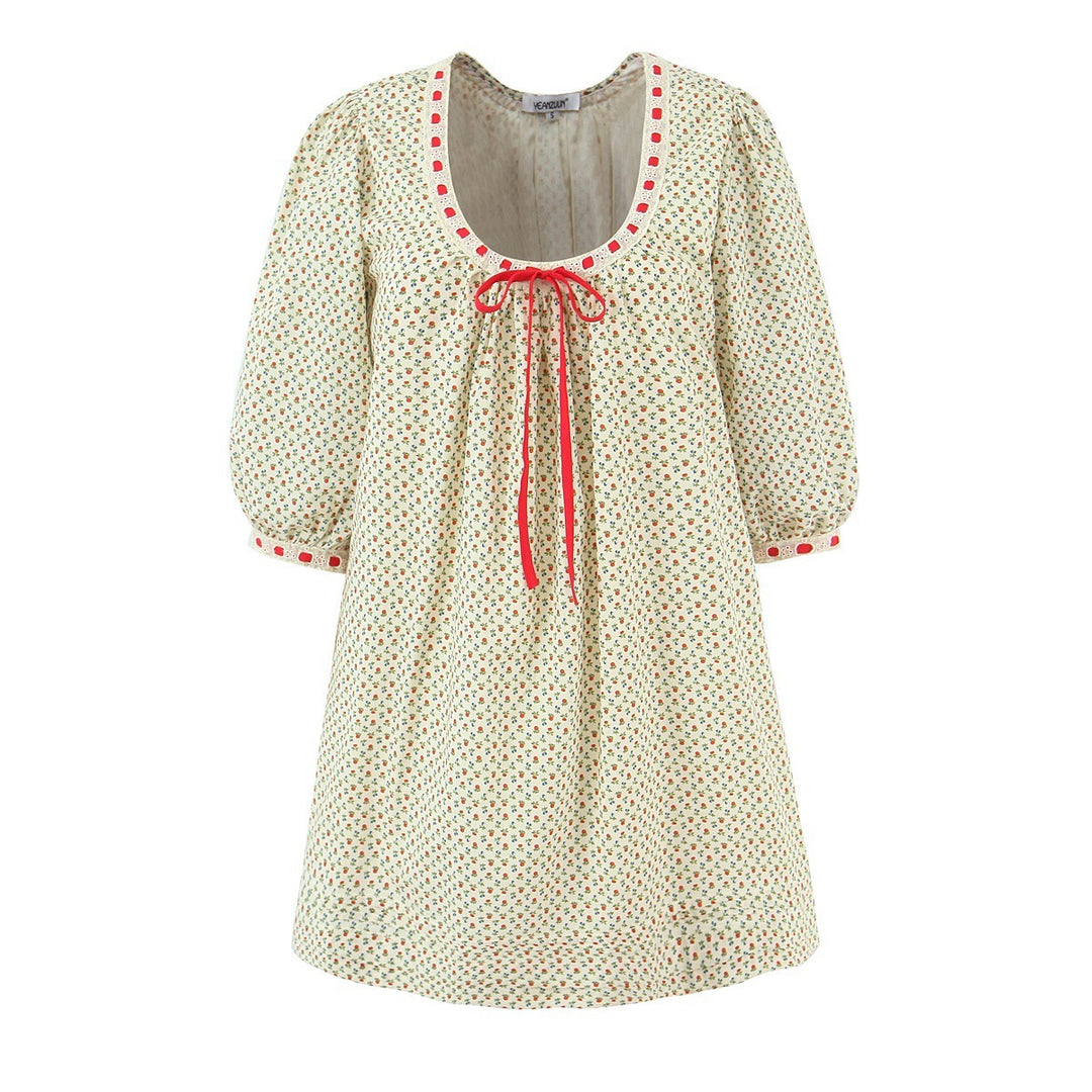 Women Short Peplum Dress with U-Neck, Puff Sleeves and Decorative Bow Mune Fashion
