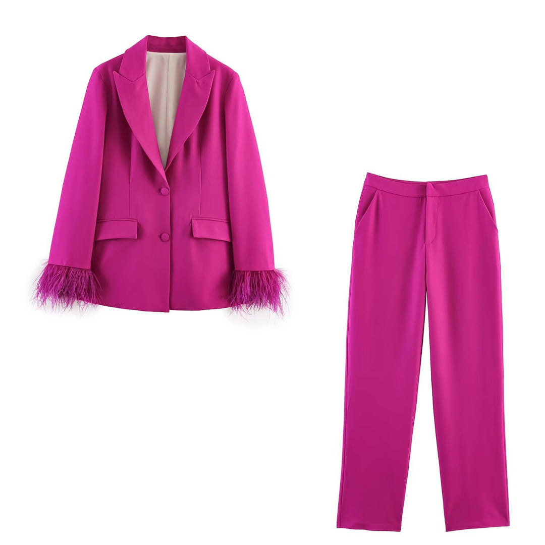Women Two-Piece Pants Suit with Feather Trim on Sleeve Edges Mune Fashion