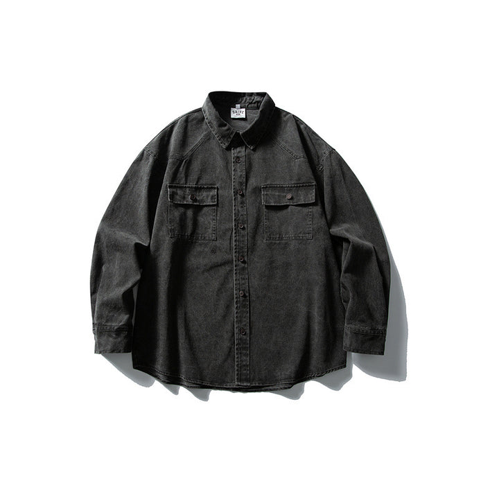 Unisex Oversize Cotton Denim Shirt Jacket with Patch Chest Pockets and Curved Hem Mune Fashion