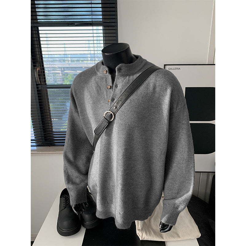 Men's Oversized Knit Sweater with Henley Collar and Half Button Placket Mune Fashion