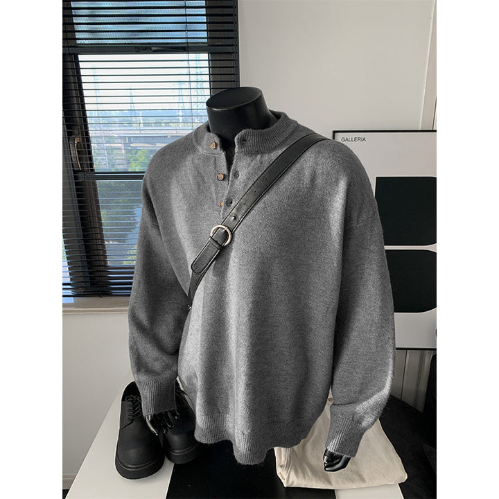 Men's Oversized Knit Sweater with Henley Collar and Half Button Placket Mune Fashion