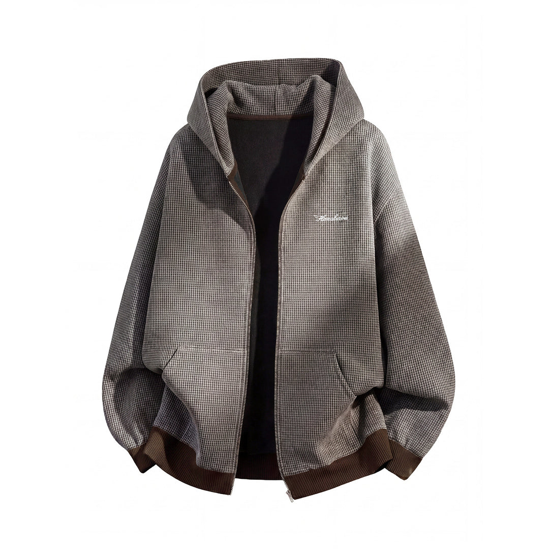 Unisex Oversize Hoodie Zipper Jacket with Houndstooth Pattern and Ribbed Cuffs Mune Fashion