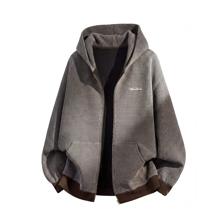 Unisex Oversize Hoodie Zipper Jacket with Houndstooth Pattern and Ribbed Cuffs Mune Fashion