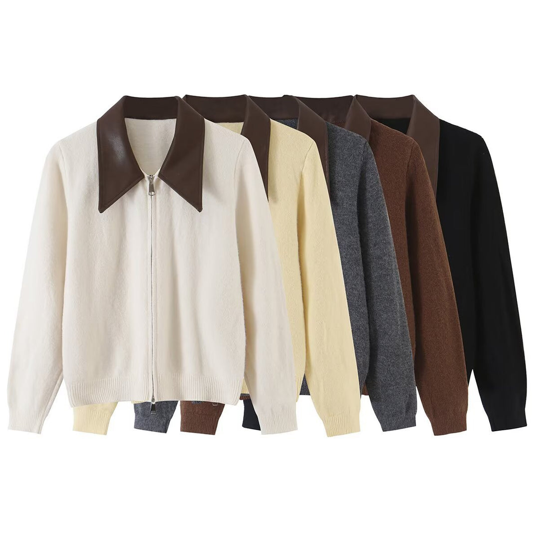 Women Short Wool Blend Cardigan with Zipper and Contrasting Faux Leather Collar Mune Fashion
