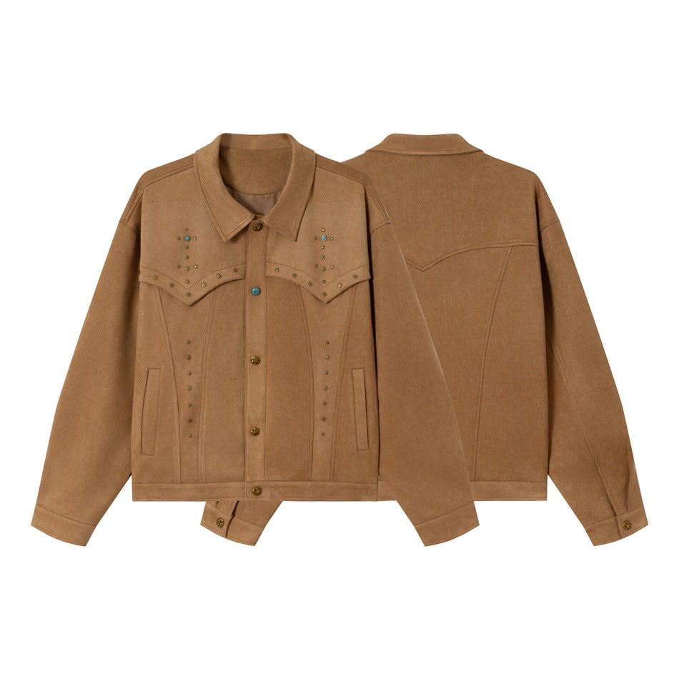 Women's Short Cut Suede-Look Blouson Jacket with Western Yoke and Stud Application Mune Fashion