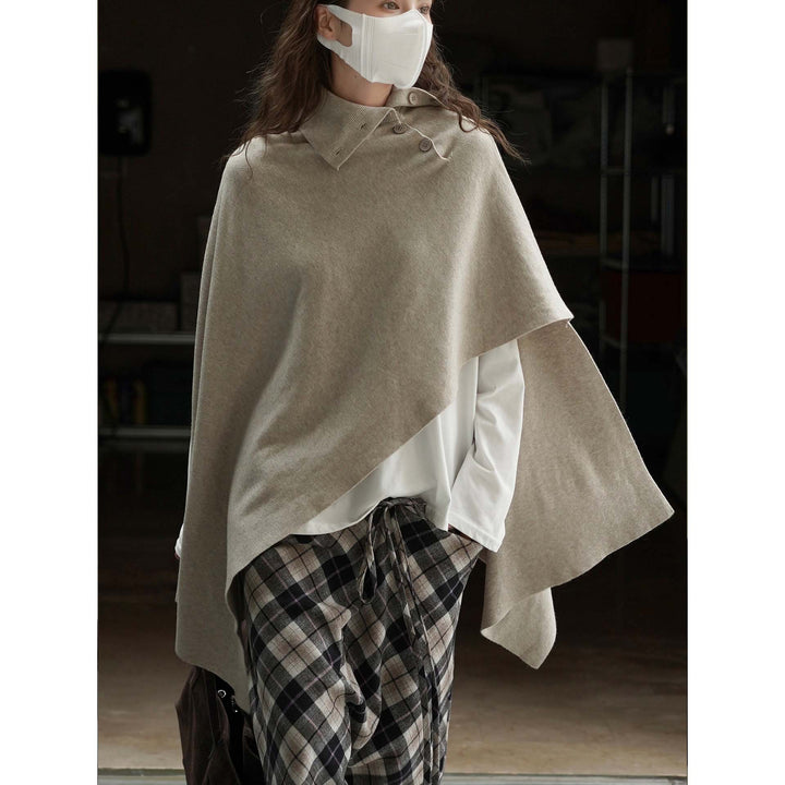 Women's Asymmetrical Knit Poncho with Button Collar and Oversized Silhouette Mune Fashion