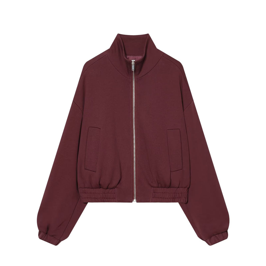 Women Cropped Sweat Bomber Jacket with High Stand-up Collar and Elastic Waistband Mune Fashion