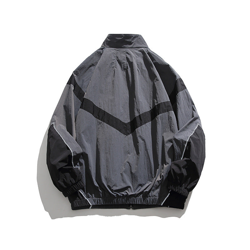 Men's Lightweight Oversize Windbreaker Jacket with Chevron Panels, Stand Collar and Elastic Hem Mune Fashion