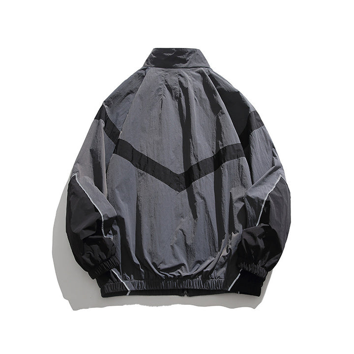 Men's Lightweight Oversize Windbreaker Jacket with Chevron Panels, Stand Collar and Elastic Hem Mune Fashion