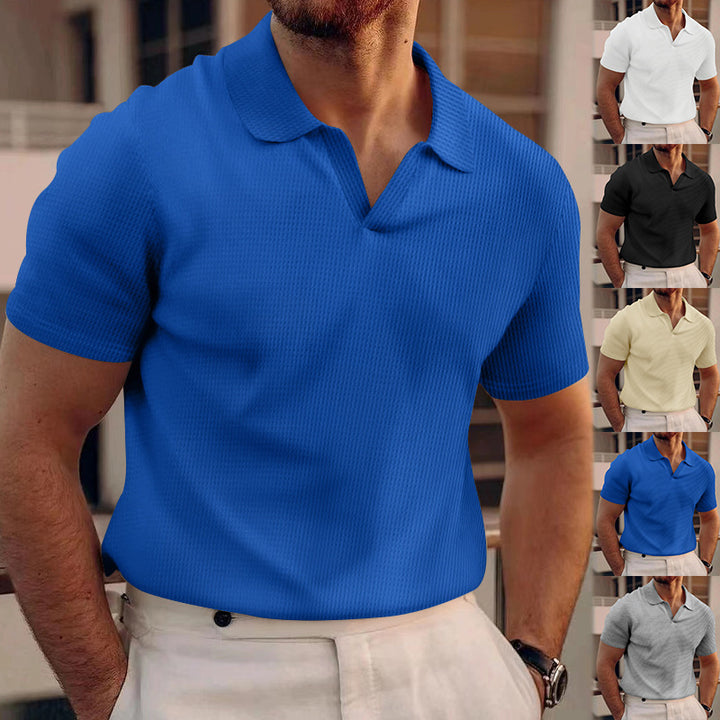Men's textured collar top with open V-neck and light waffle structure Mune Fashion