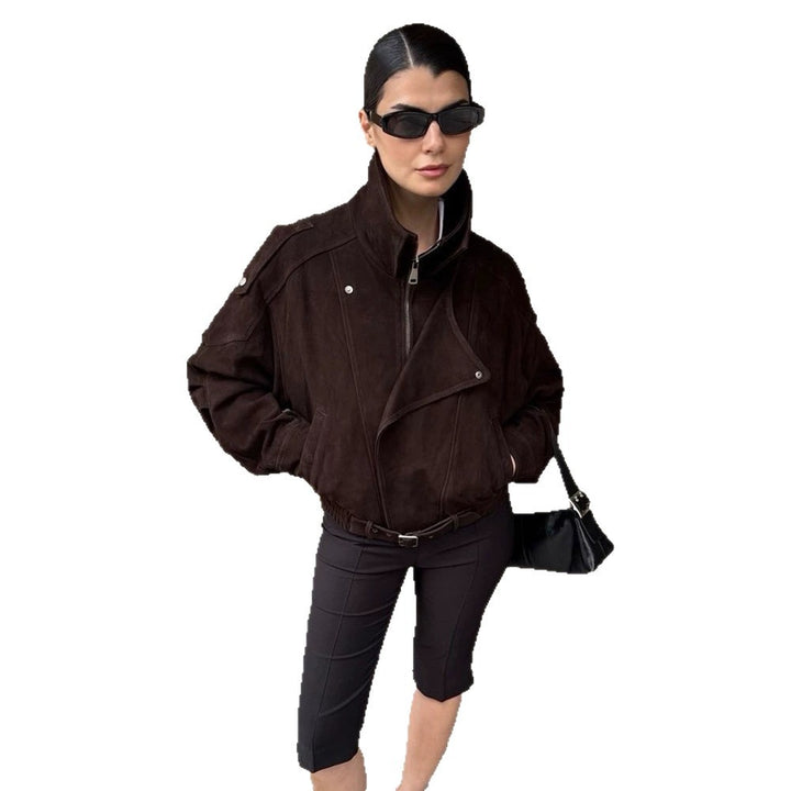 Women Short Velour Leather Bomber Jacket with High Stand-Up Collar and Waist Belt Mune Fashion