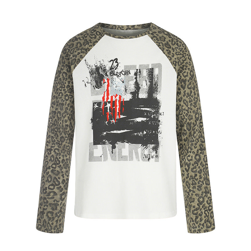 Women's raglan long sleeve shirt with leopard print sleeves and abstract graphic print Mune Fashion