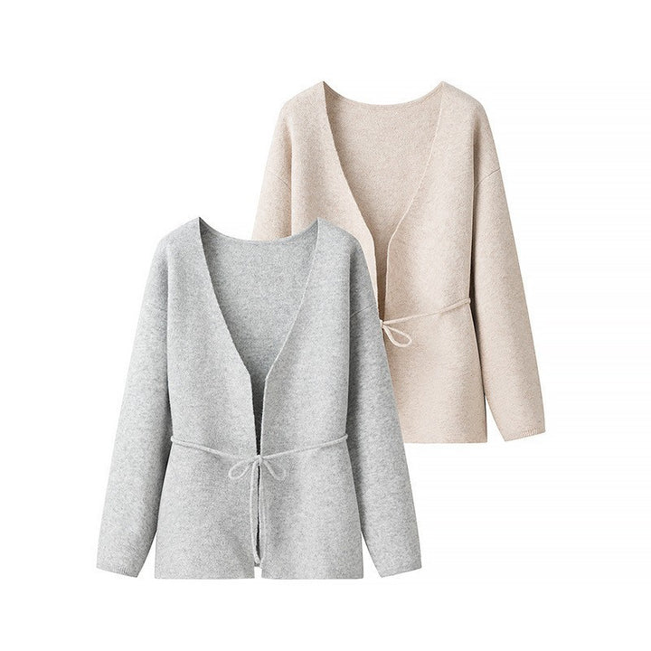 Women's Open Knit Cardigan with Ties and V-neck Mune Fashion