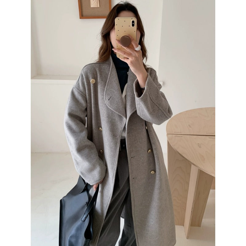 Women's Oversize Wool Blend Coat with Double-Breasted Button Placket, Stand-Up Collar and Dropped Shoulder Mune Fashion