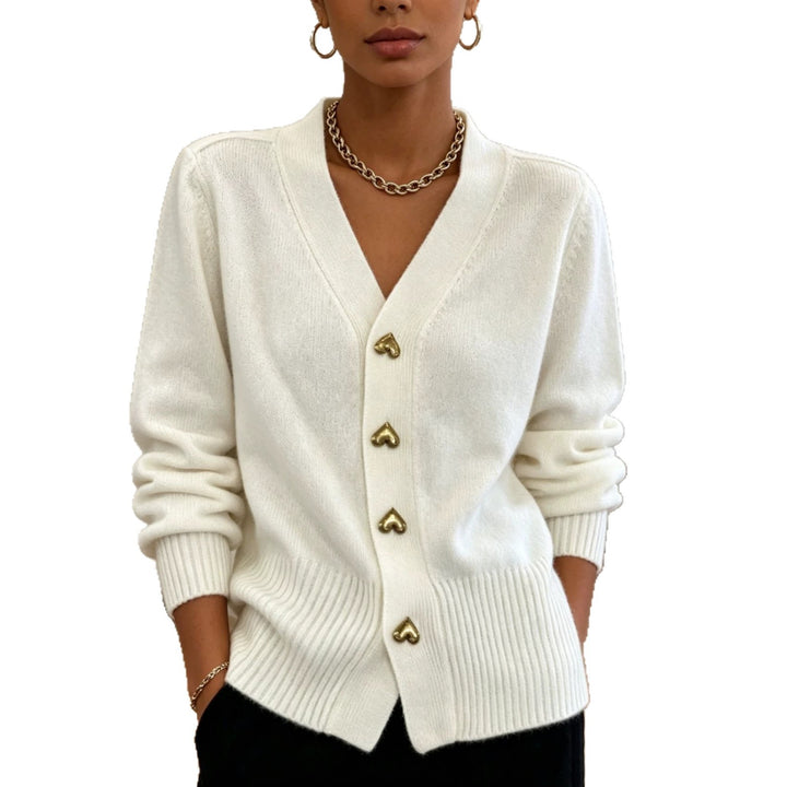 Women Oversize V-Neck Knit Cardigan with Heart-Shaped Decorative Buttons Mune Fashion