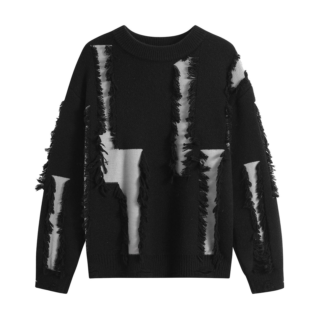Women Oversize Knit Sweater with Fringe Applications and Destroyed Look Mune Fashion