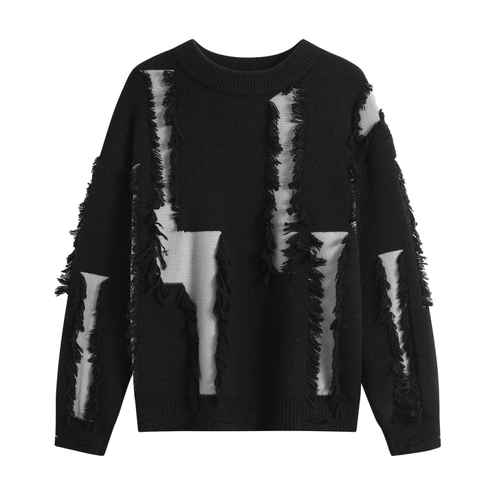 Women Oversize Knit Sweater with Fringe Applications and Destroyed Look Mune Fashion