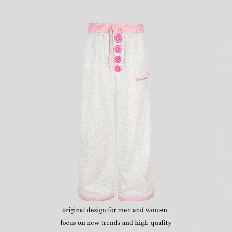 Women Wide Lounge Pants with Decorative Button Placket, High Waist and Drawstring Mune Fashion