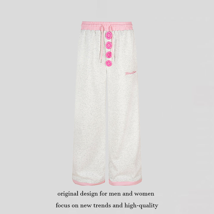 Women Wide Lounge Pants with Decorative Button Placket, High Waist and Drawstring Mune Fashion