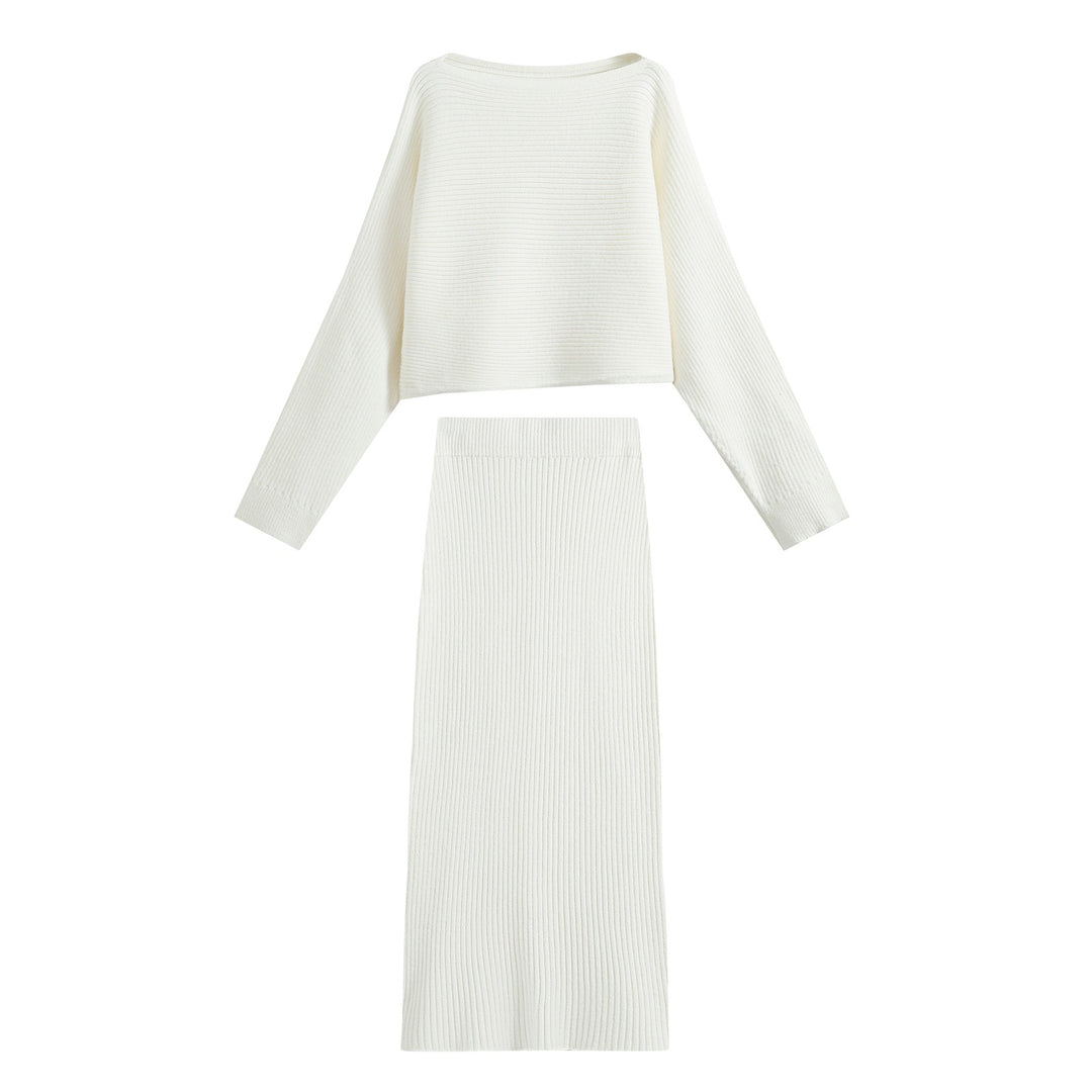 Women's Two-Piece Ribbed Knit Set with Short Sweater and Midi Skirt Mune Fashion