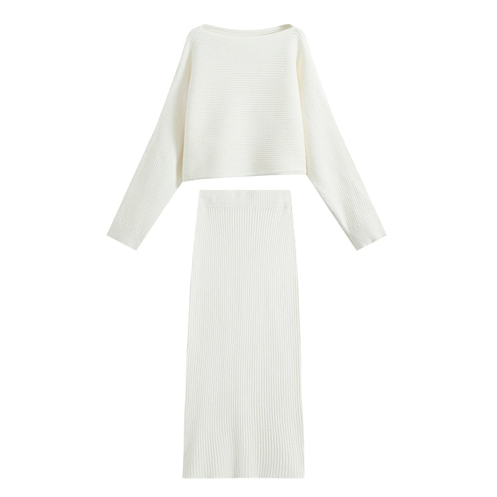 Women's Two-Piece Ribbed Knit Set with Short Sweater and Midi Skirt Mune Fashion