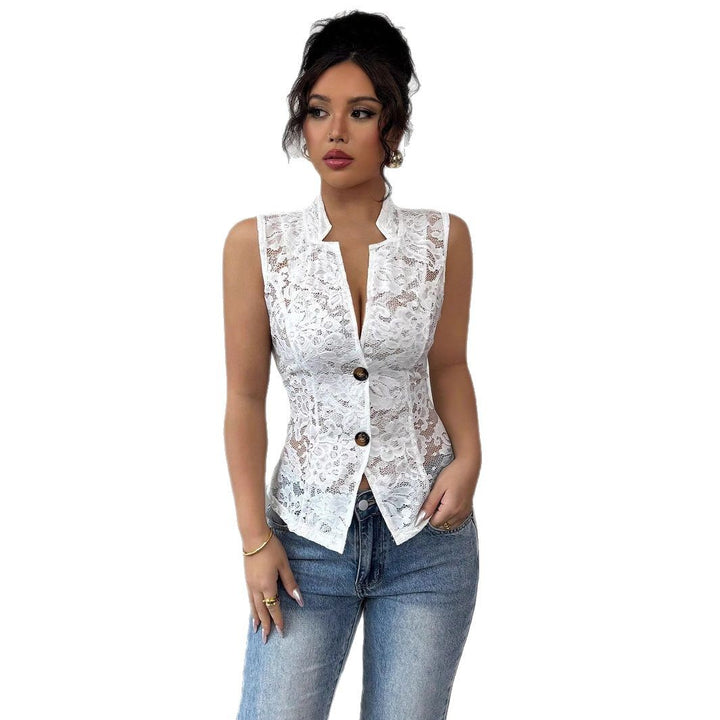 Women tailored sleeveless lace vest with stand-up collar and V-neck Mune Fashion