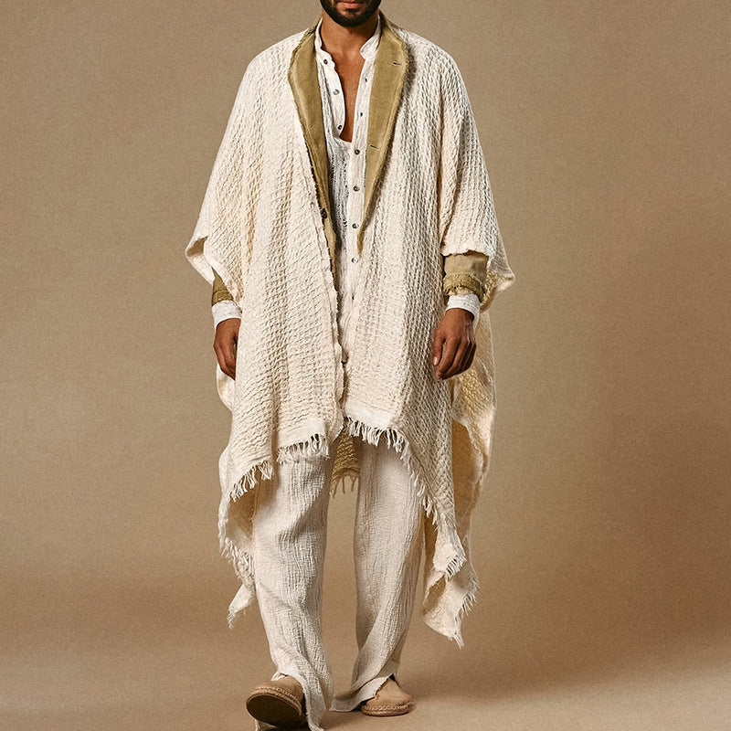 Men's loose-fitting cotton-linen poncho with fringes and open front Mune Fashion