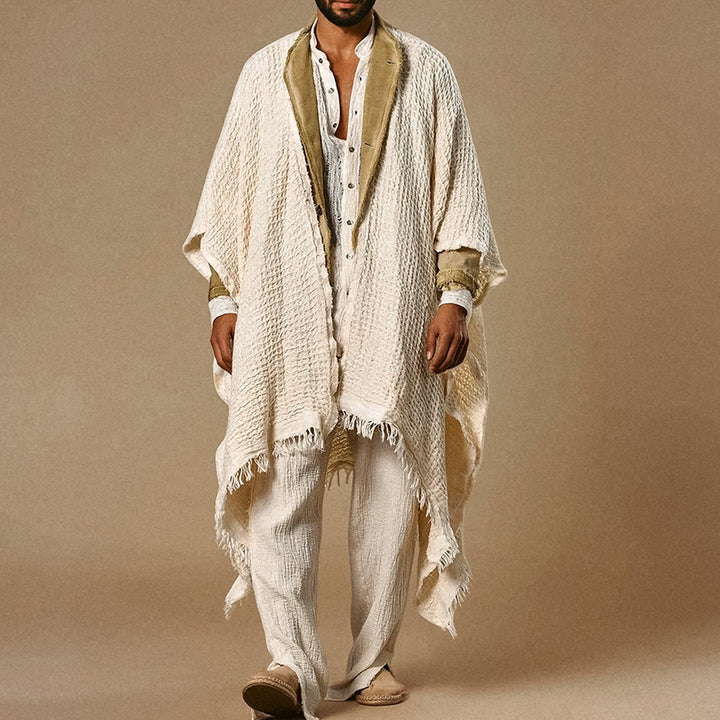 Men's loose-fitting cotton-linen poncho with fringes and open front Mune Fashion