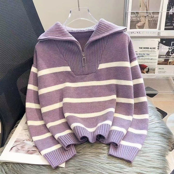Women's Striped Half-Zip Knit Sweater with Ribbed Collar Mune Fashion