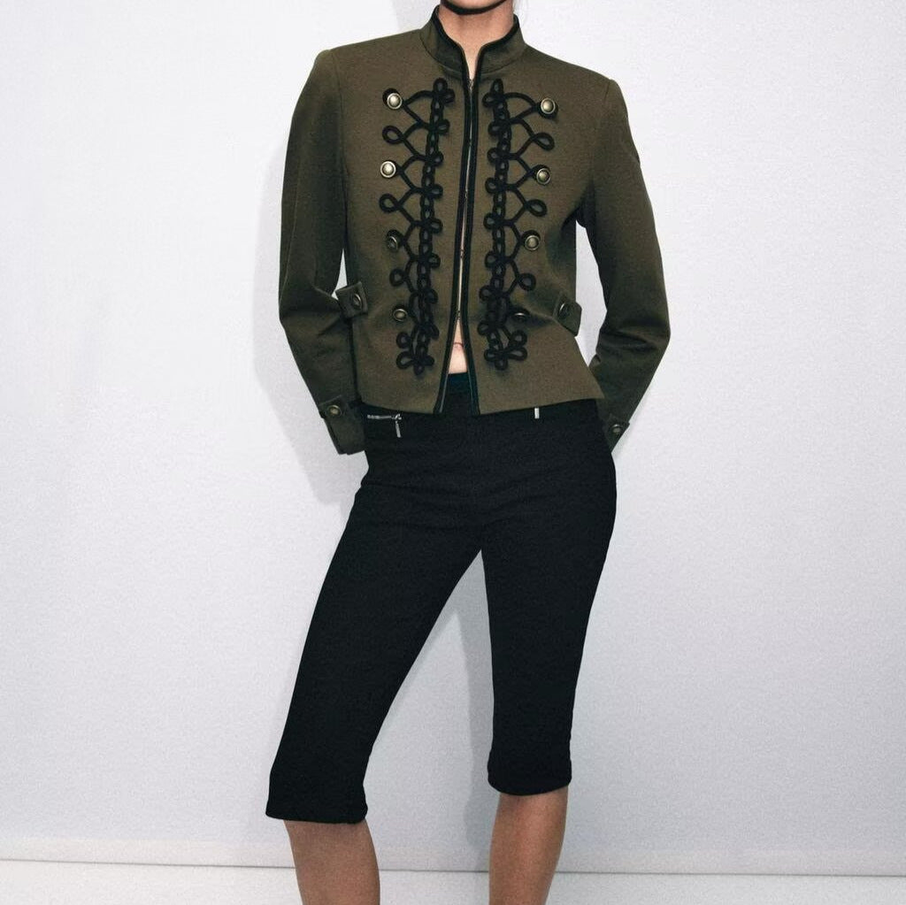 Women's Short Military-Style Jacket with Stand-Up Collar and Decorative Cord Mune Fashion