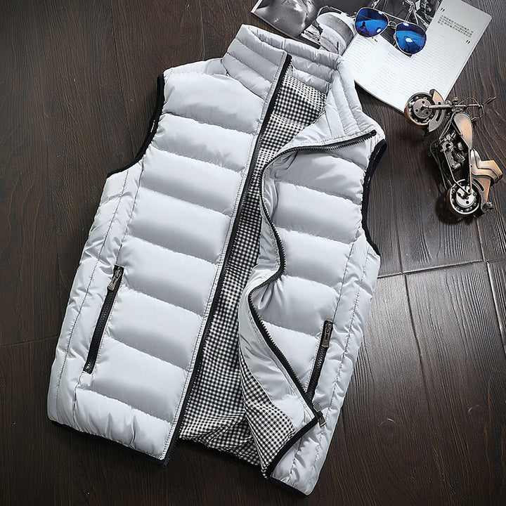 Men's Sleeveless Lightweight Padded Waistcoat with Thermal Lining, Stand Collar, and Checked Inner Lining Mune Fashion