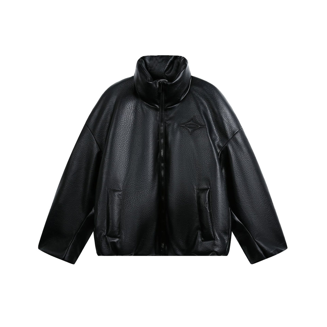 Women's Oversized Faux Leather Bomber Jacket with High Stand-Up Collar Mune Fashion