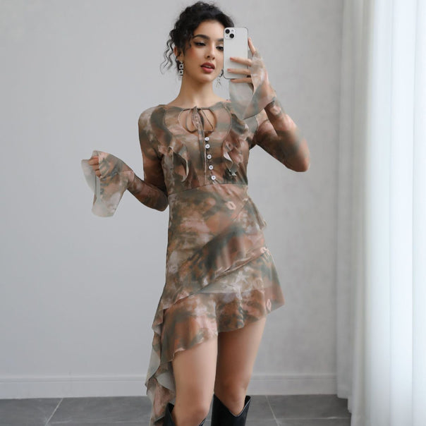 Women’s Asymmetrical Chiffon Mini Dress with Ruffles, Transparent Sleeves and Decorative Button Placket Mune Fashion