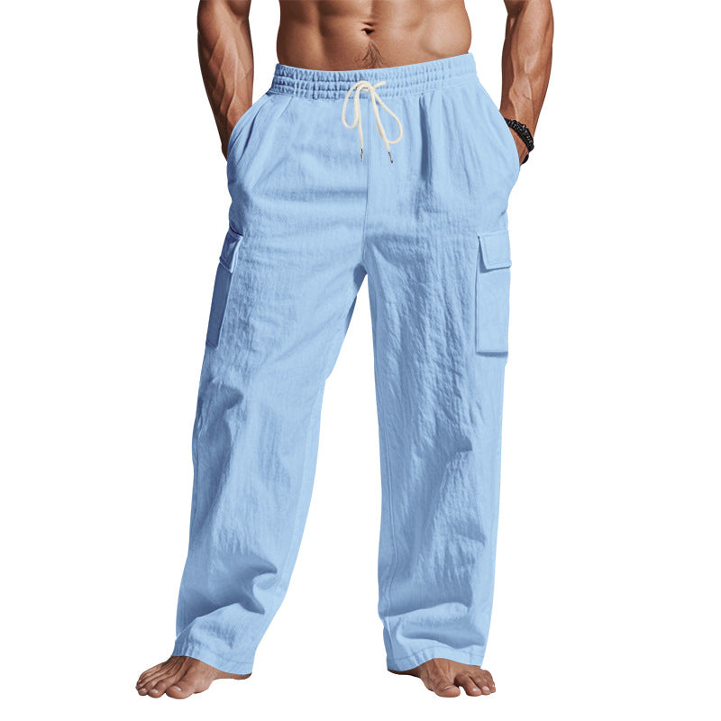 Men's loose linen cargo pants with elastic drawstring waistband and patch flap pockets Mune Fashion