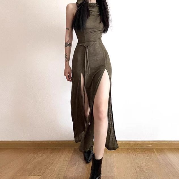 Women Elegant Maxi Dress with High Slit and Hood Mune