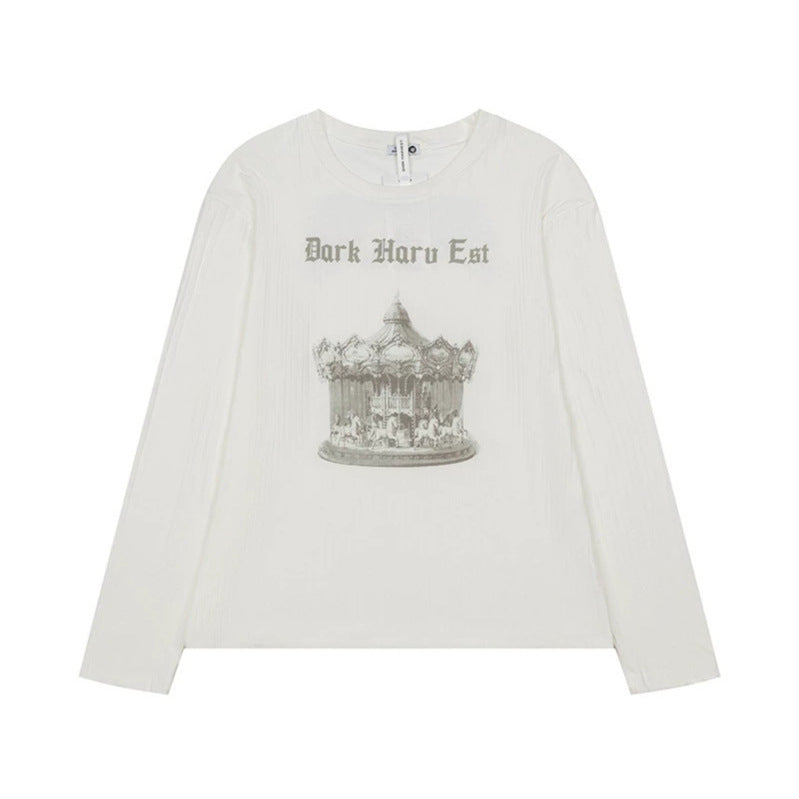 Women long sleeve shirt made of fine rib jersey with vintage carousel photo print and round neck.