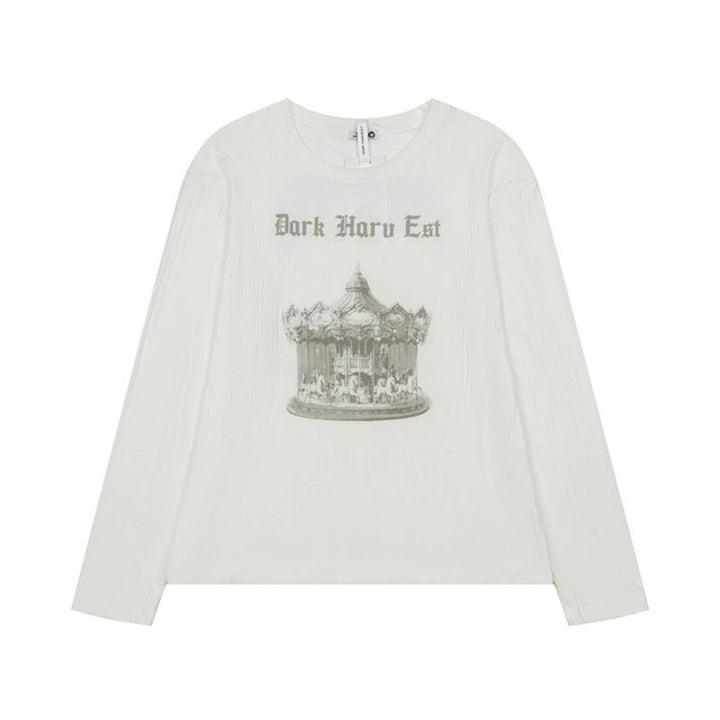 Women long sleeve shirt made of fine rib jersey with vintage carousel photo print and round neck.