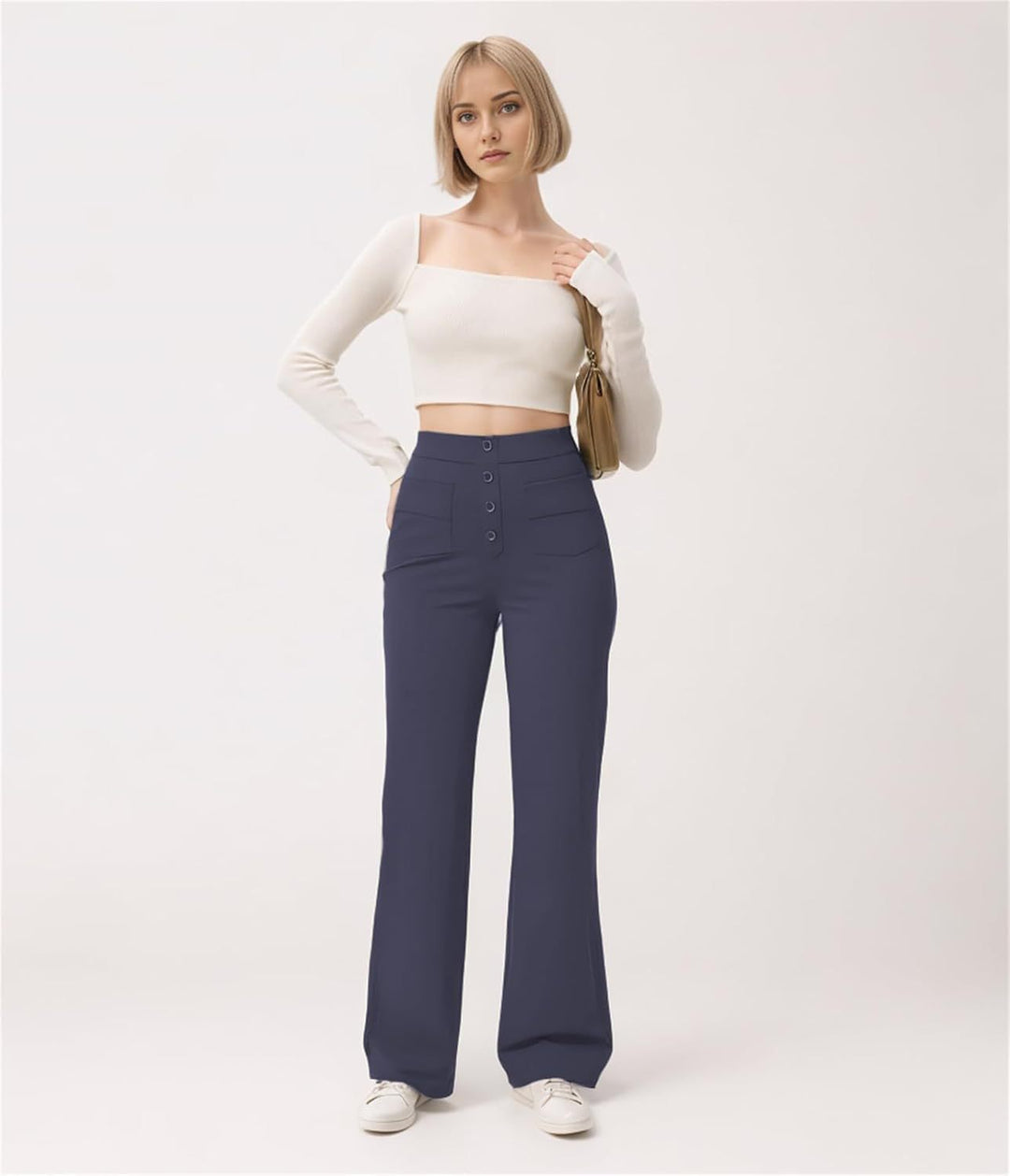 Women's waist-defining flared pants made of stretch jersey with decorative button placket Mune Fashion