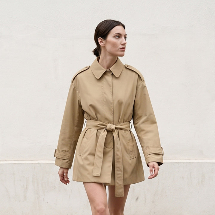 Women's short trench coat with waist belt, shoulder flaps, and adjustable cuffs Mune Fashion