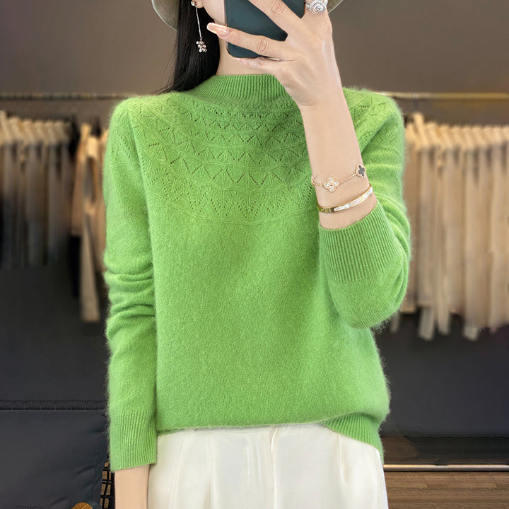 Women's Cozy Mohair Look Pullover with Decorative Structure on the Top and High Collar Mune Fashion