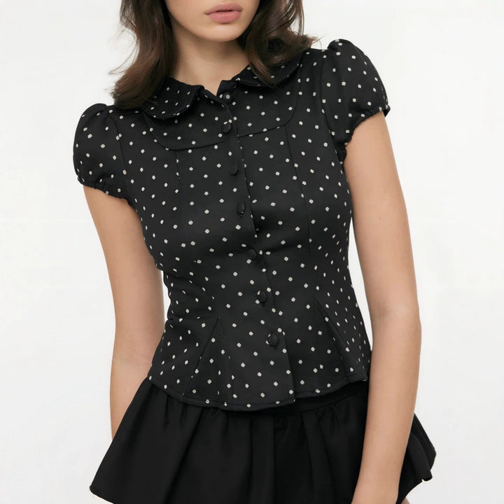 Ladies plaid blouse with Peter Pan collar, tailored peplum silhouette and puff sleeves Drune