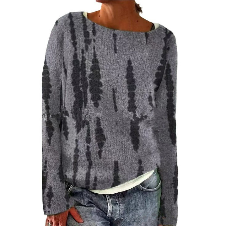 Women's gray marled round neck sweater with circular jacquard yoke and ribbed hem Mune Fashion