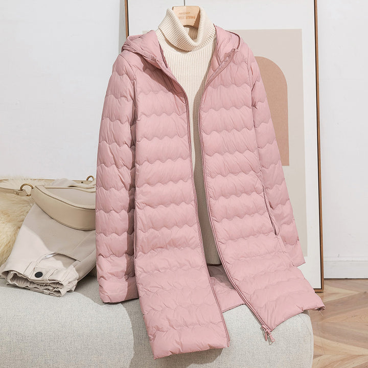 Women's Light Quilted Coat with Hood and Wavy Quilting Mune Fashion