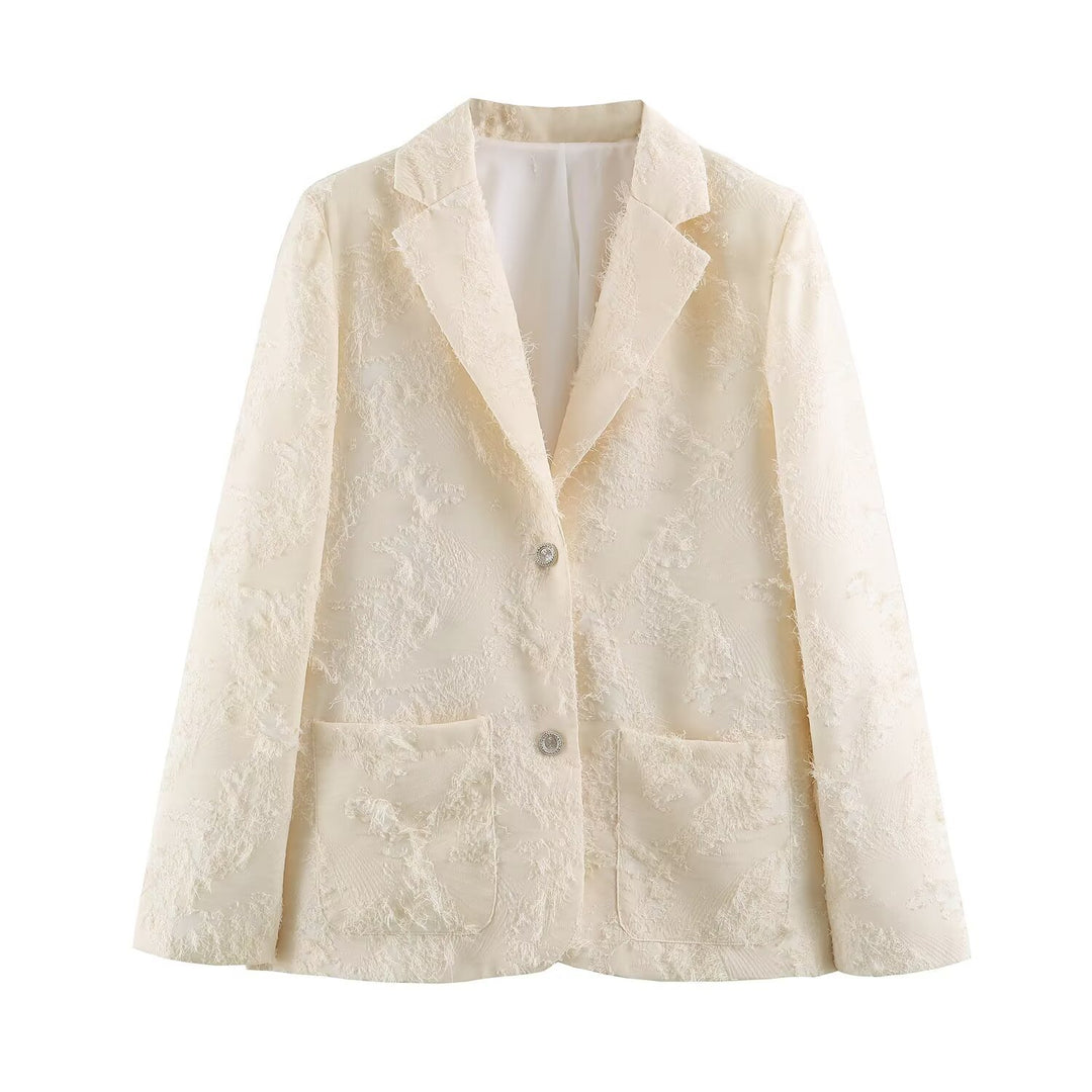 Women Boucle Blazer with Fringe Structure and Patch Pockets Mune Fashion