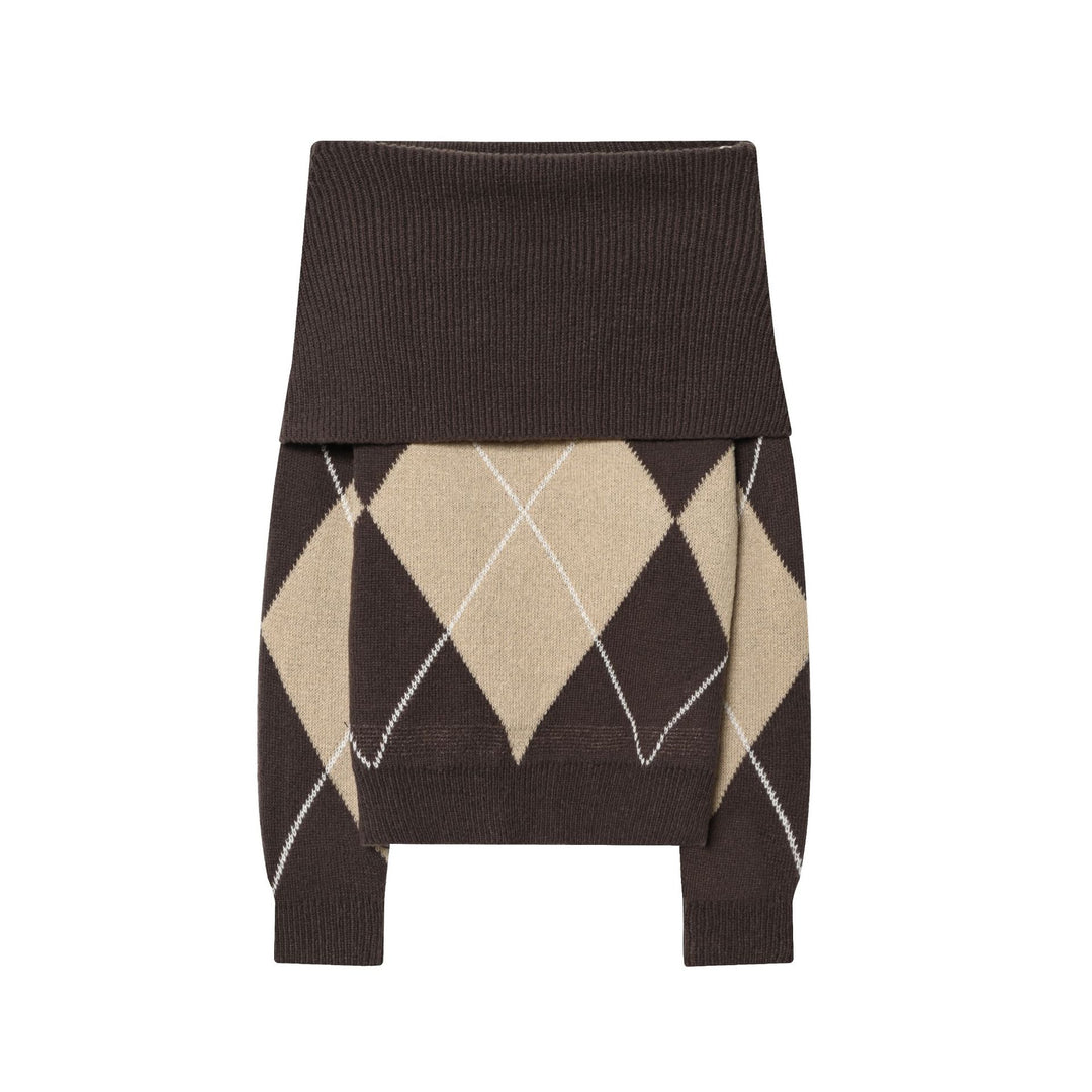 Women's roll neck sweater with argyle structure, extra long ribbed collar and relaxed silhouette Mune Fashion